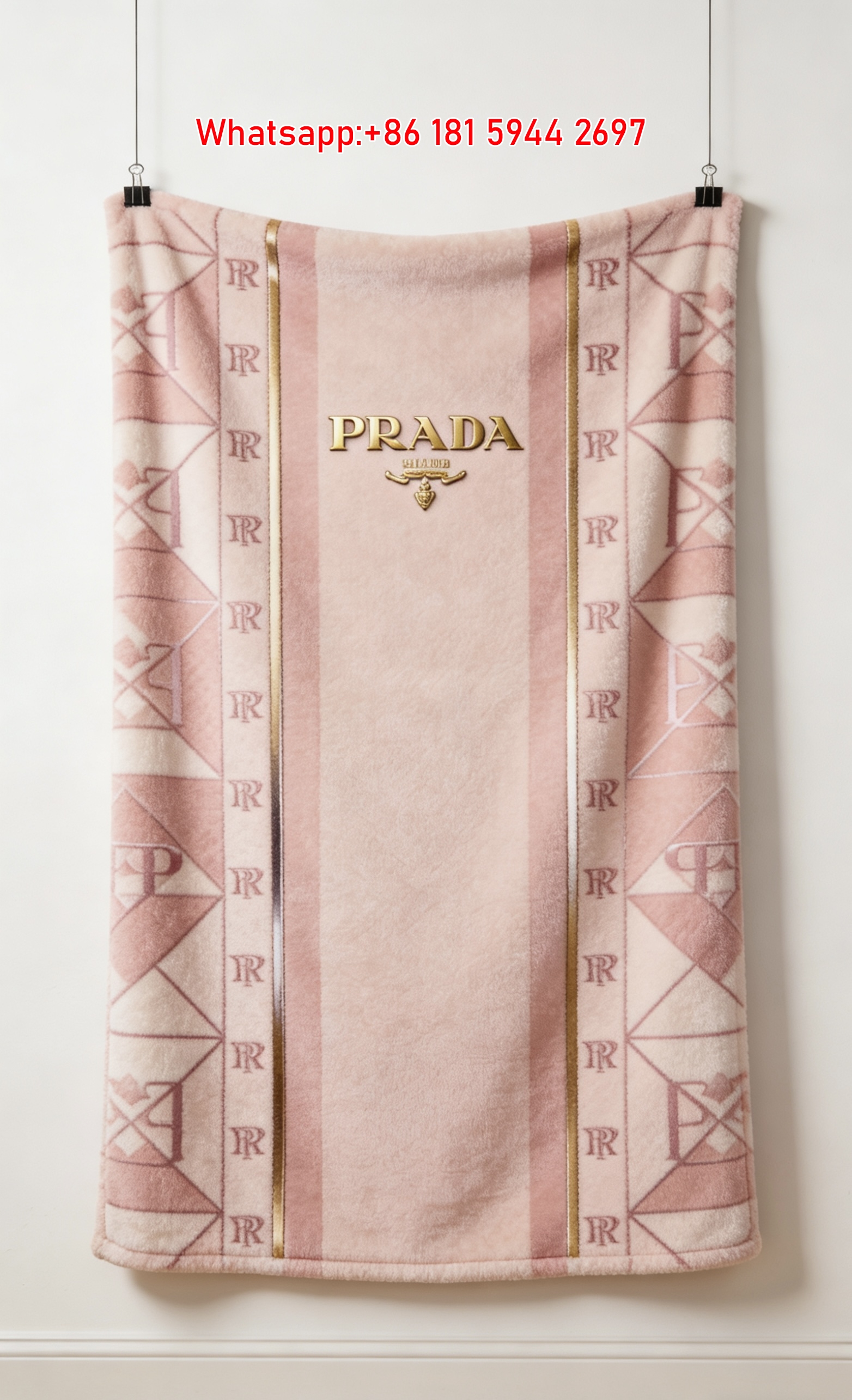 Prada Blush Pink Luxury Monogram Print Flannel Throw Blanket IMG_2725